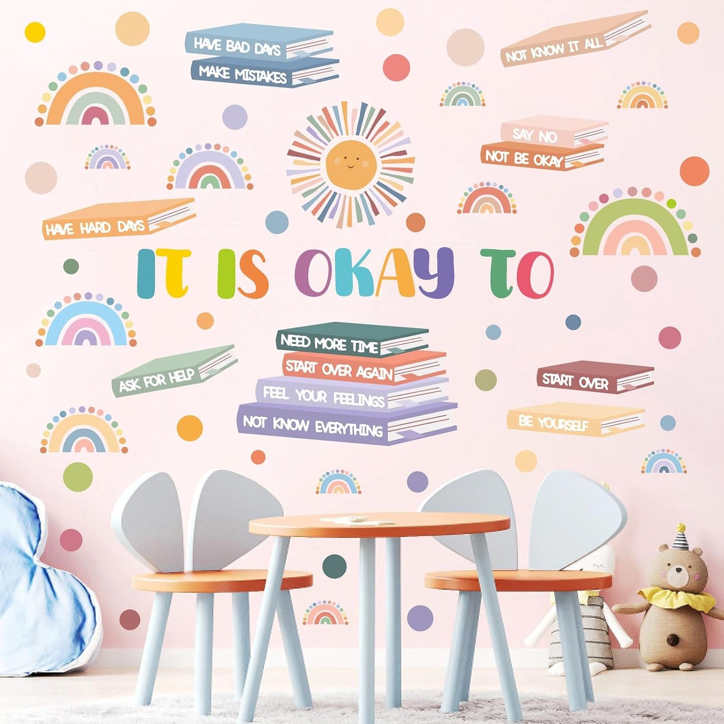 Kids Inspirational Wall Decals Motivational Quotes Wall Stickers Peel and Stick Reading Wall Decals Watercolor Polka Dots Rainbow Sun Wall Stickers for Nursery Classroom Playroom Reading Room Decor