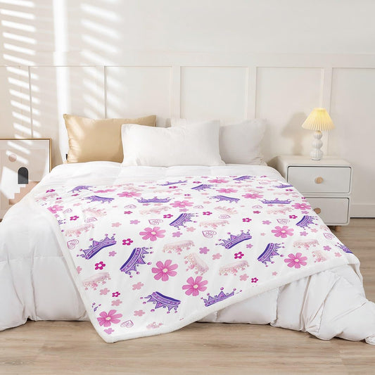 Manfei Princess Throw Blanket Pink Purple Crown Print Fleece Blanket, Cute Flower Girly Cartoon Throws for Bed Couch Sofa, Kids Girls Room Decor, Soft and Breathable(50 x 60 Inches)