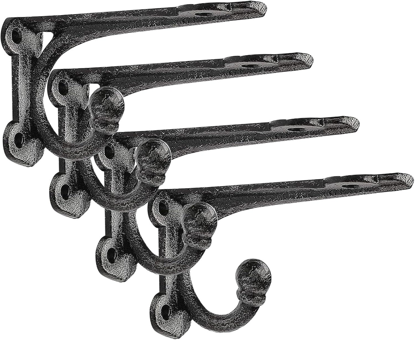 Cast Iron Shelf Brackets 4 Inch, 4 Pack Black Rustic Shelf Brackets with Hooks，Heavy Duty Floating Brackets Wall Mounted, Decorative Brackets for Wood Shelves