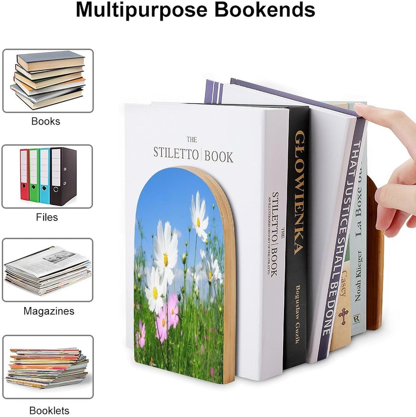 Pink and White Flowers Wooden Bookend Non-Slip Book Ends Heavy Duty Book Stopper with Metal Base Books Holderd Decorative Bookends Stands Firmly for Office Supplies