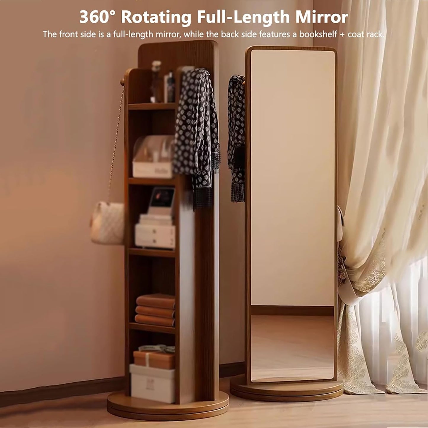 360° Rotating Full-Length Mirror with Bookcase,66“x16” Floor Mirror with Hangers, Solid Wood Coat Rack for Living Room Bedroom Entryway(15.7" W x 66.1" L, White)