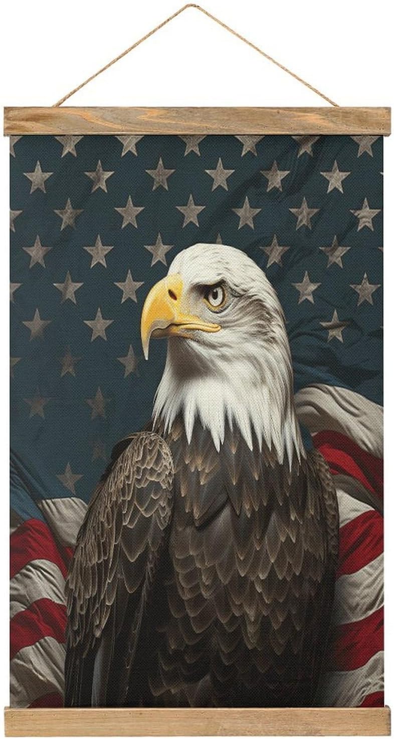 Vintage American Bald Eagle Sitting on Flag Ribbon Poster with Wooden Frame Personalized Linen Hanging Scroll Painting Rustic Wall Hanging Illustrative Modern Artwork Decor for Home Living Room Bedroo