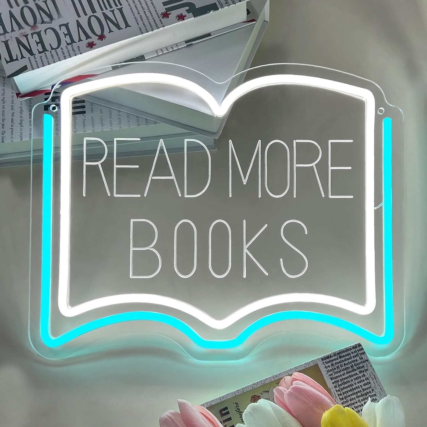 Read More Books Neon Sign, Dimmable LED Reading Neon Light USB Powered for Library Classroom Bookstore Decor, Reading Room Wall Sign for Study Room Bookshelf, Book Lover Gift (Ice Blue)