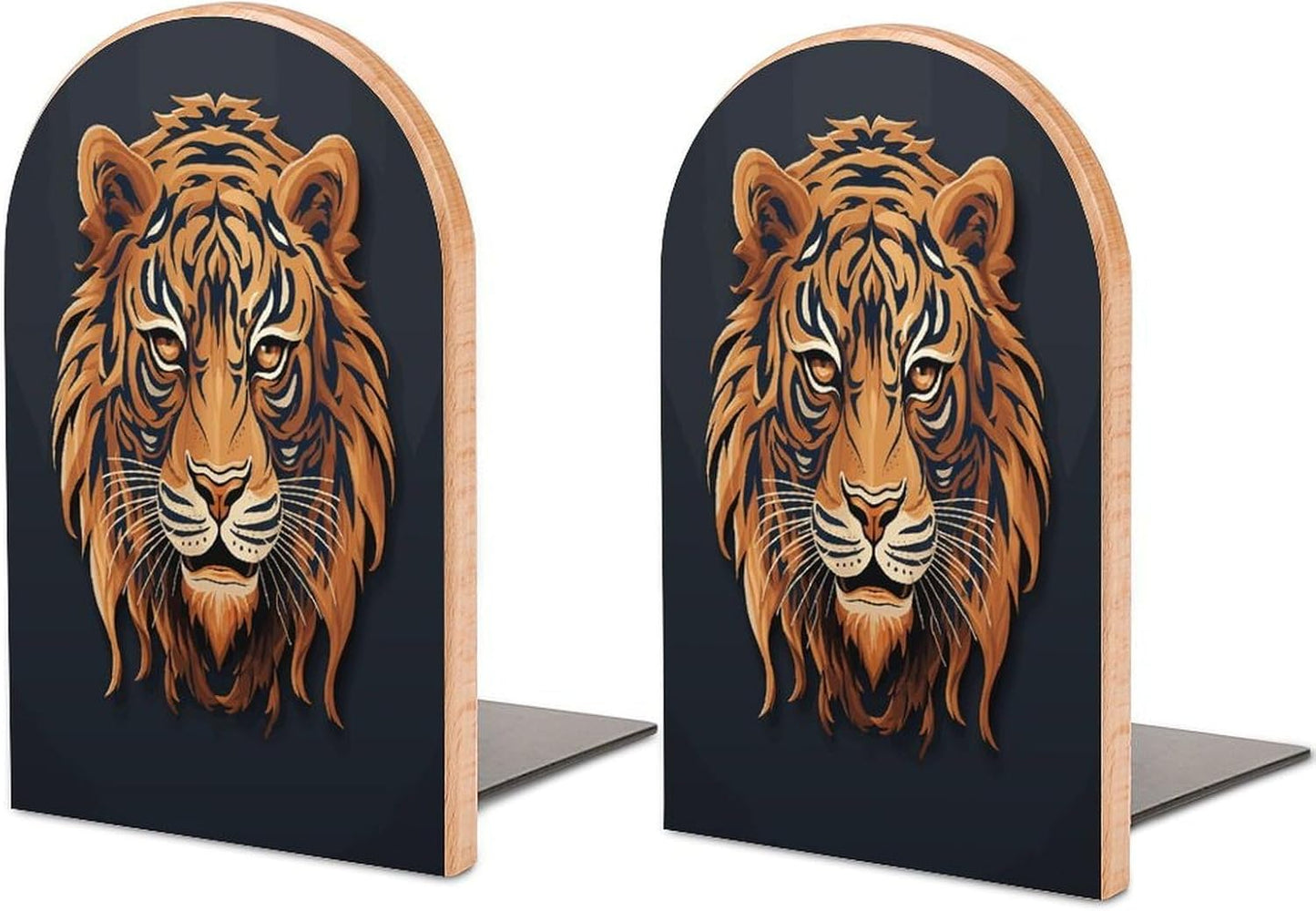 New Year Tiger Logo Design Bookends 1 Pair Heavy Duty Book Ends for Shelves Non-Skid Bookend Supports Wooden Book Holders with Metal Base Desk Organizers Books Storage to Hold Books