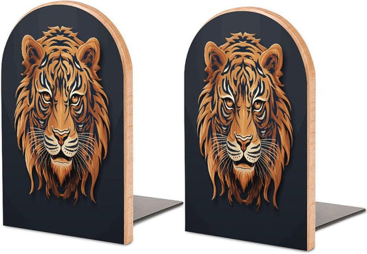 New Year Tiger Logo Design Bookends 1 Pair Heavy Duty Book Ends for Shelves Non-Skid Bookend Supports Wooden Book Holders with Metal Base Desk Organizers Books Storage to Hold Books