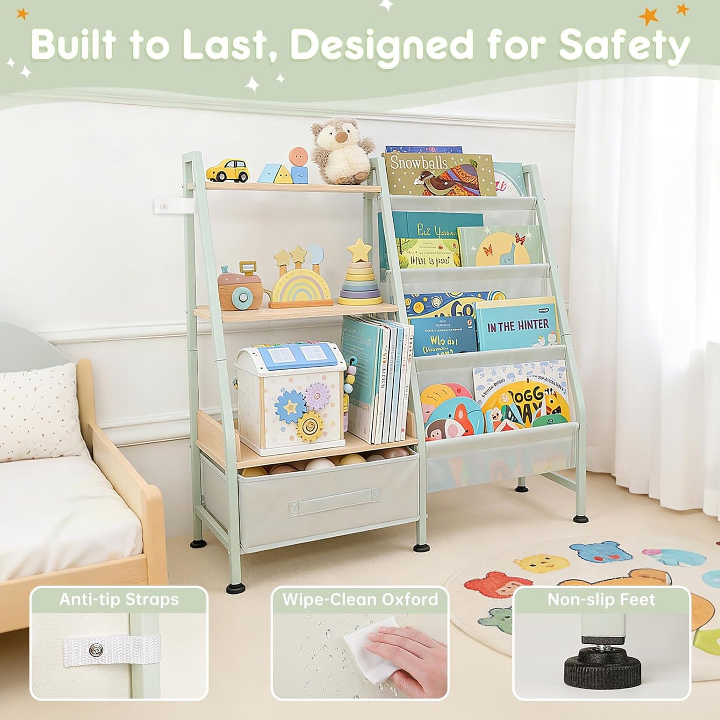 Fabuday Kids Bookshelf and Toy Storage Organizer - 4 Tiers Toddler Baby Sling Book Shelves for Kids Room, 3 Tier Montessori Childrens Bookcase for Nursery, Playroom, Classroom, Small Spaces