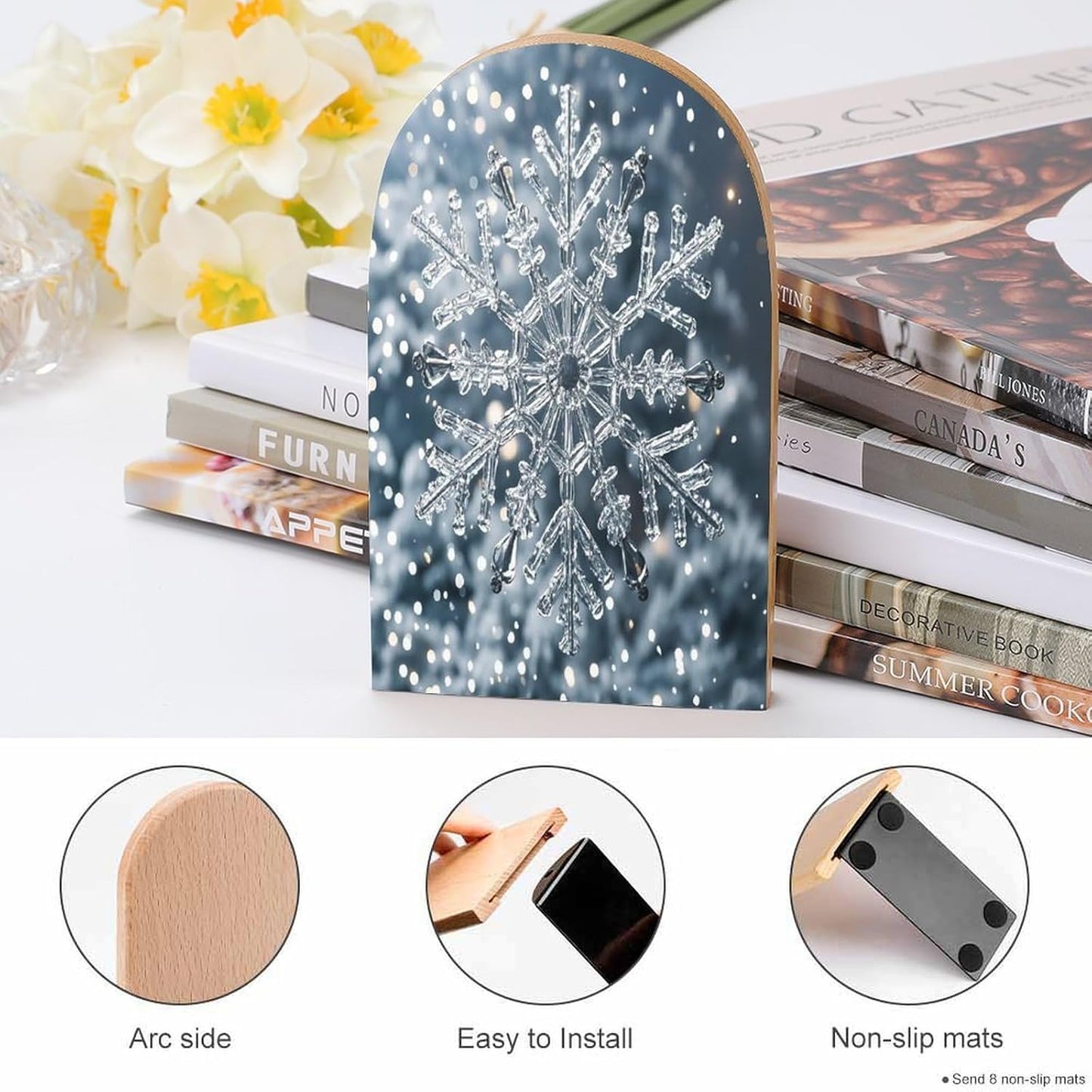 Transparent Snowflake Bookends 1 Pair Heavy Duty Book Ends for Shelves Non-Skid Bookend Supports Wooden Book Holders with Metal Base Desk Organizers Books Storage to Hold Books