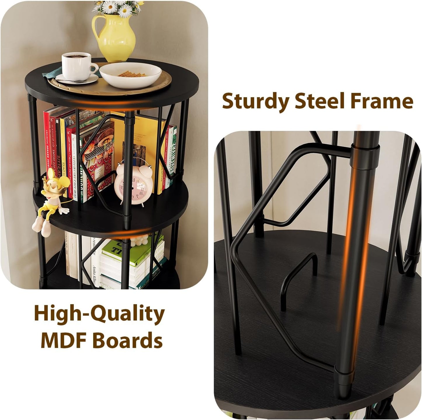 5 Tier Rotating Bookshelf Tower, Revolving Bookcase, 360° Round Spinning Book Shelf, Narrow Swivel Bookshelves Vertical Turning Corner Bookshelf Organizer for Bedroom, Living Room, Black