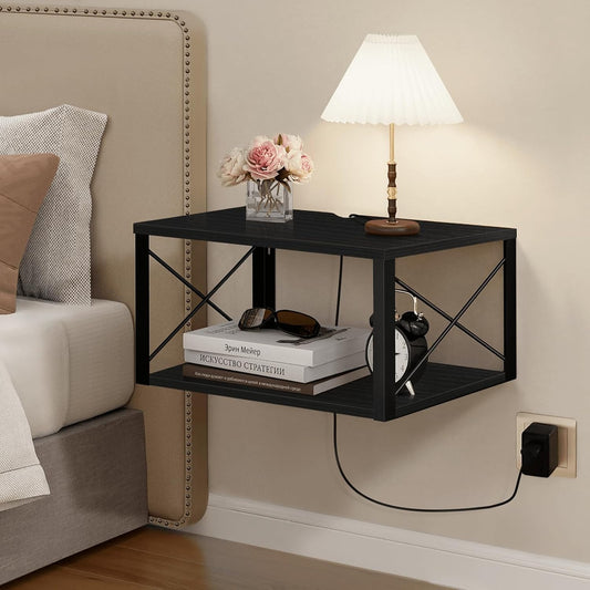 Homode Floating Nightstand, 2 Tier Wall Mounted Nightstand with Cable Hole, Wooden Floating Bedside Table, Bedside Wall Shelf for Bedroom Bathroom Living Room Kitchen Office, Black