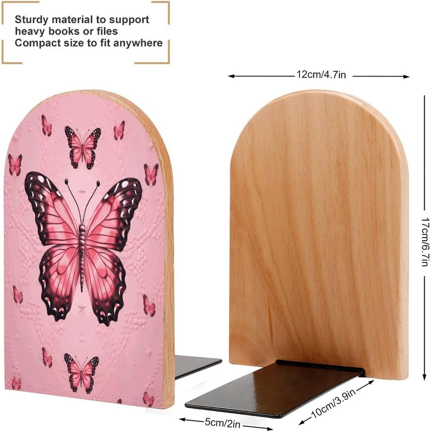 Butterfly Pink Bookend for Shelves Wooden Book End Large Size Sturdy Book Holders Stoppers with Metal Base for Bookshelves Slick Decorative Bookends Stands