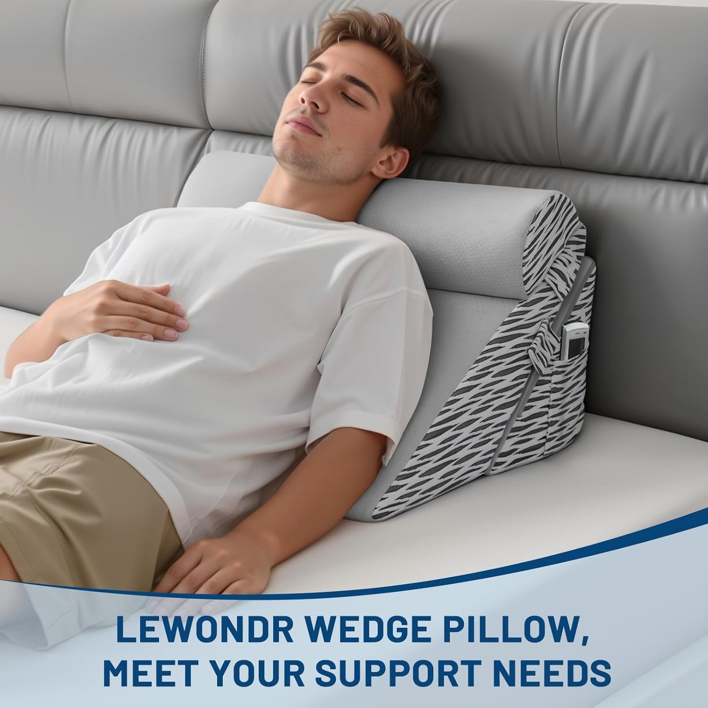 Lewondr Wedge Pillow for After Surgery, Adjustable Bed Wedge Pillow for Headboard Set with Side Pockets Fastener for Sleeping, Snoring, Back Pain & Acid Reflux Relief