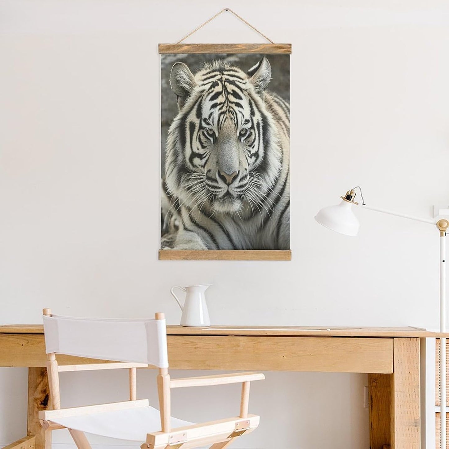 Vintage Black And White Tiger Poster with Wooden Frame Personalized Linen Hanging Scroll Painting Rustic Wall Hanging Illustrative Modern Artwork Decor for Home Living Room Bedroom Office