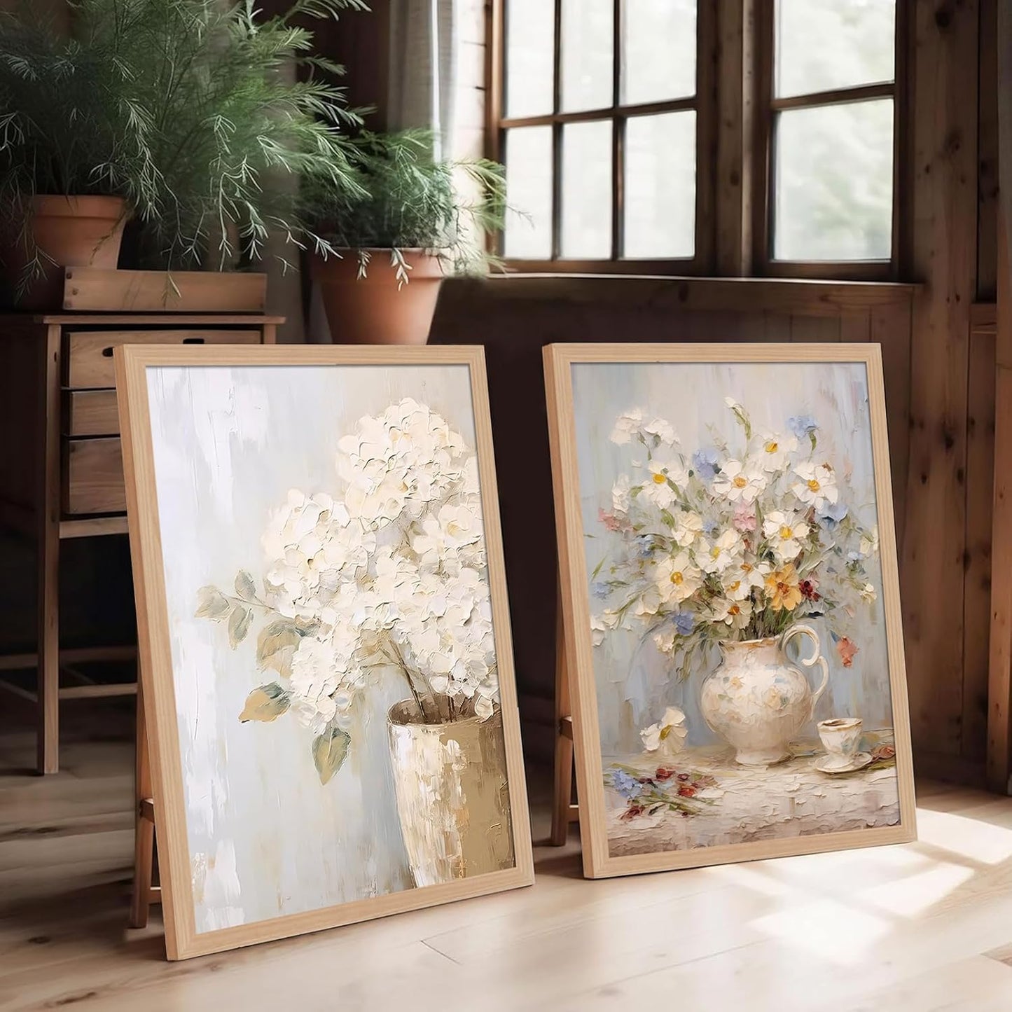 2Pcs Framed Vintage Canvas Wall Art, White Hydrangea Floral daisy Wall Decor Paintings, Flower Pictures Prints Aesthetic Home Decor for Living Room Bedroom Bathroom Office 12x16 inch Ready to Hang