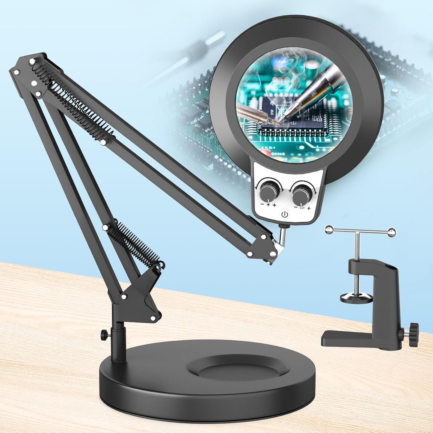 HITTI 12X Magnifying Glass with Light Hands Free, 2026 New Infinite Color and Brightness Desk Lamp & Clamp, 2-in-1 LED Lighted Magnifier Stand for Craft Reading Hobby Close Work(12X Ring Base & Clamp)
