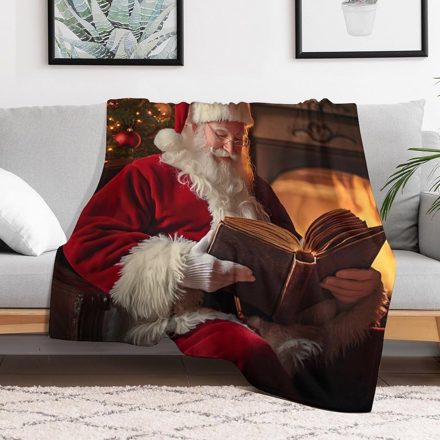 Santa Reading Book Printed Throw Blanket Cozy Flannel Blankets Lightweight for Couch Sofa Bed Decor Santa Reading Book