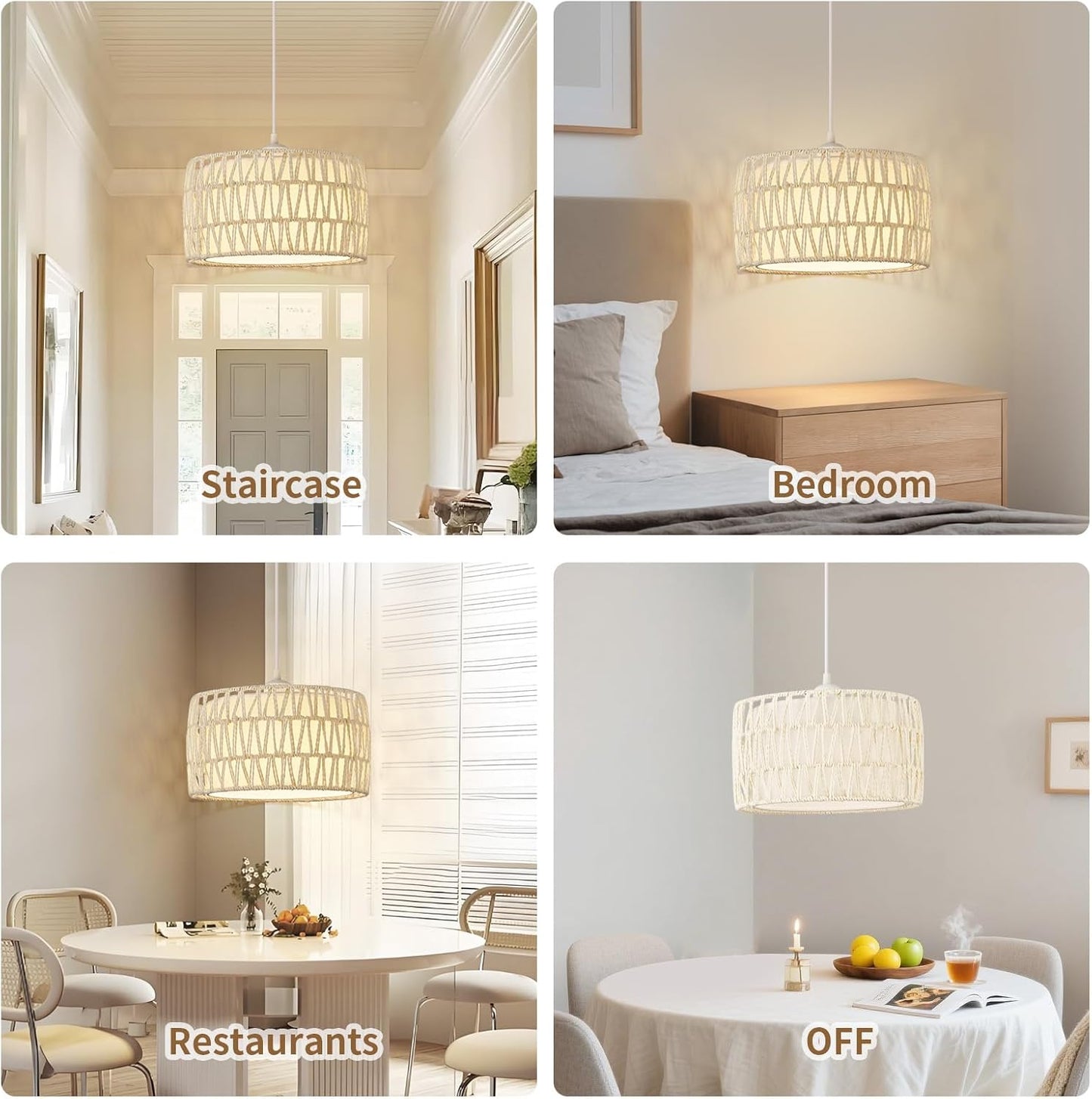 Plug in Pendant Light, Rattan Hanging Lights with Plug in Cord, Woven & Fabric 2 in 1 LampShade, Hanging Lamp Plug in for Bedroom Living Room Kitchen Island-Cream (Bulb Included)