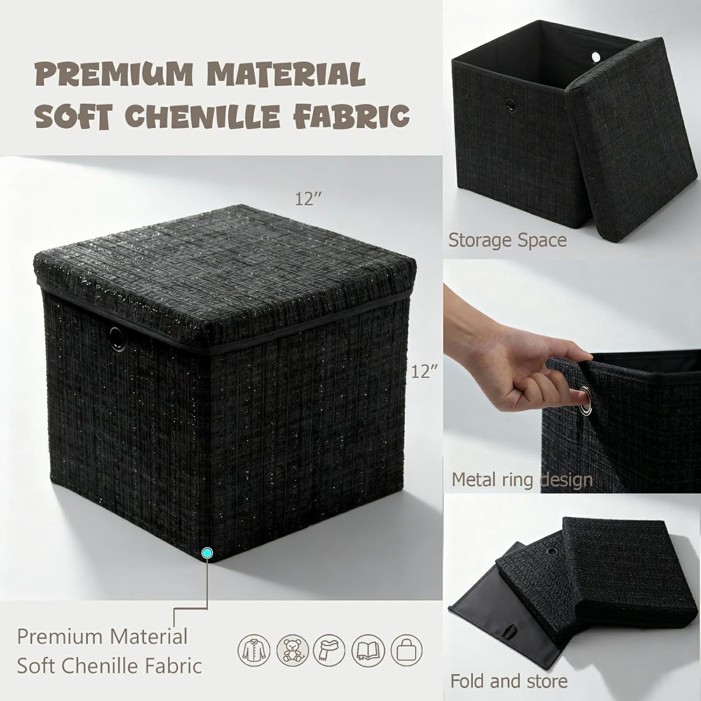 Chenille Fabric Storage Cubes with Lids, Foldable Collapsible Storage Bins Sturdy Cube Organizers for Clothes Toys Blankets Bedroom Closet Shelf Home Organization
