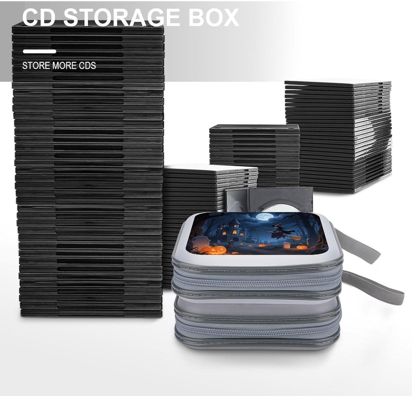 Orange Pumpkin Witch Scary Castle CD Case Portable Zipper CD Case 40 Capacity Hard Plastic DVD Cases Holder Large Storage Disc Wallet Bag for Car Home Travel DVD Collection Bag