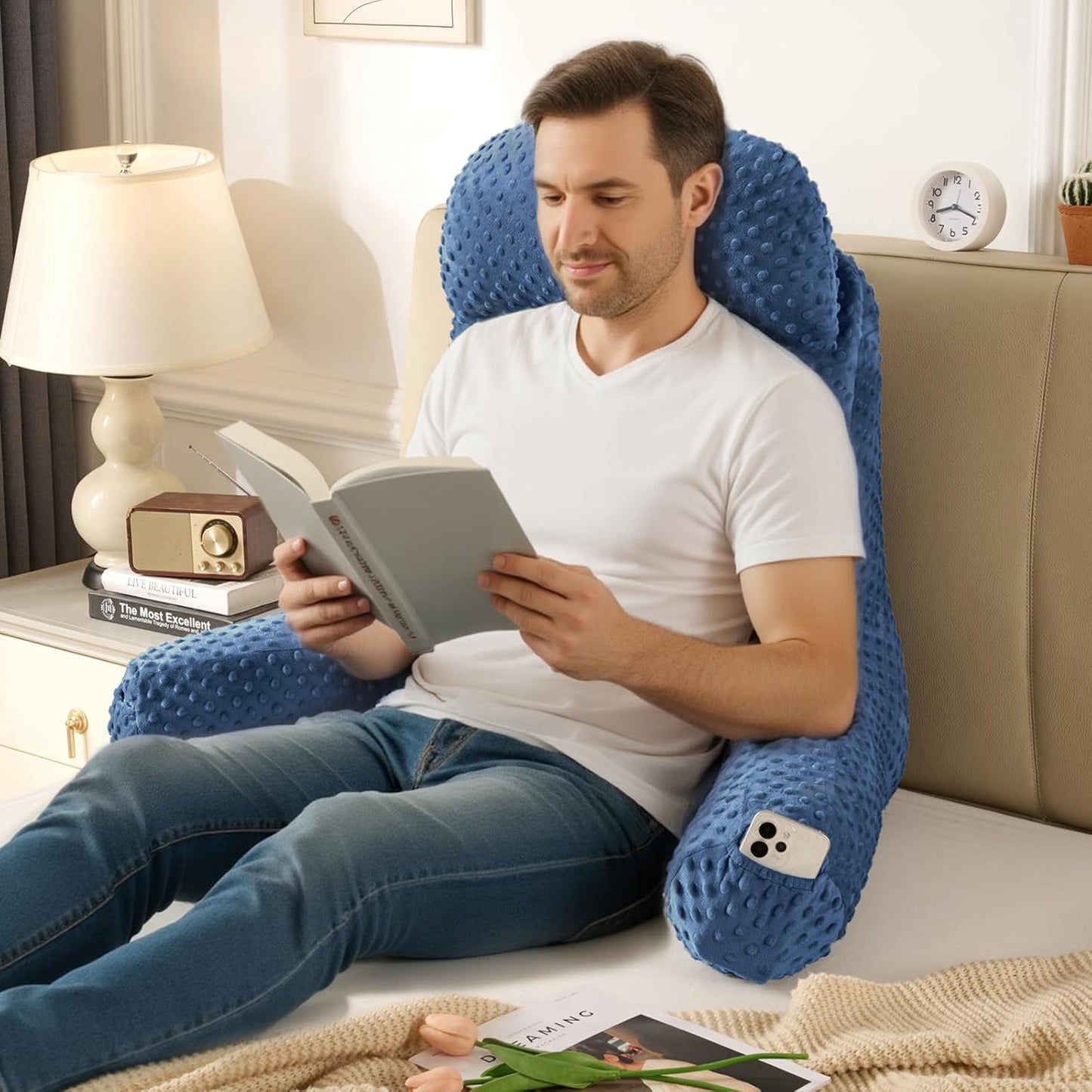 Reading Pillow for Sitting in Bed Couch Adult, Back Pillow for Bed Sitting Up, Back-Rest Support Cushion with Pockets and Arms, Watching TV, Relaxing, Reading, Navy Blue