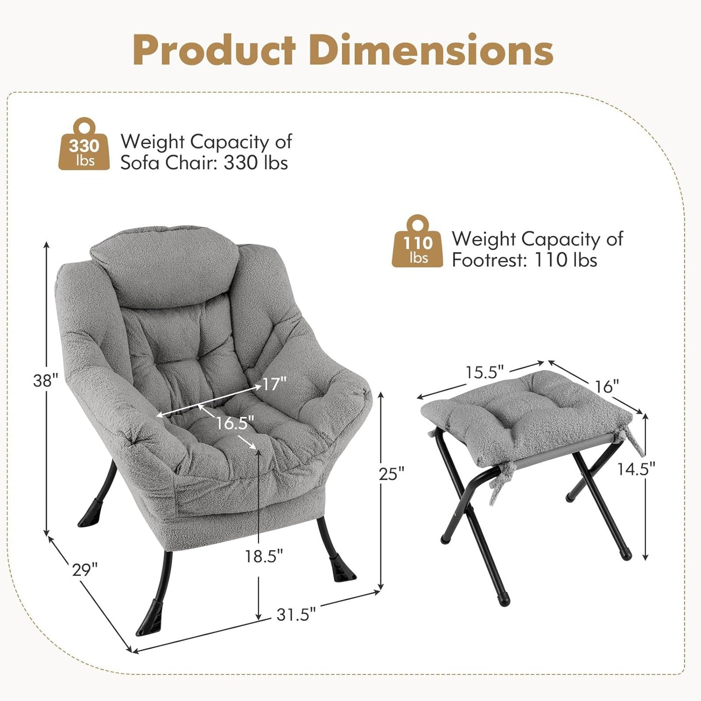 HOMGX Lazy Chair with Ottoman, Modern Accent Chair w/Folding Footstool & Side Storage Pocket, Upholstered Comfy Reading Chair for Bedroom, Living Room, Office (Grey)