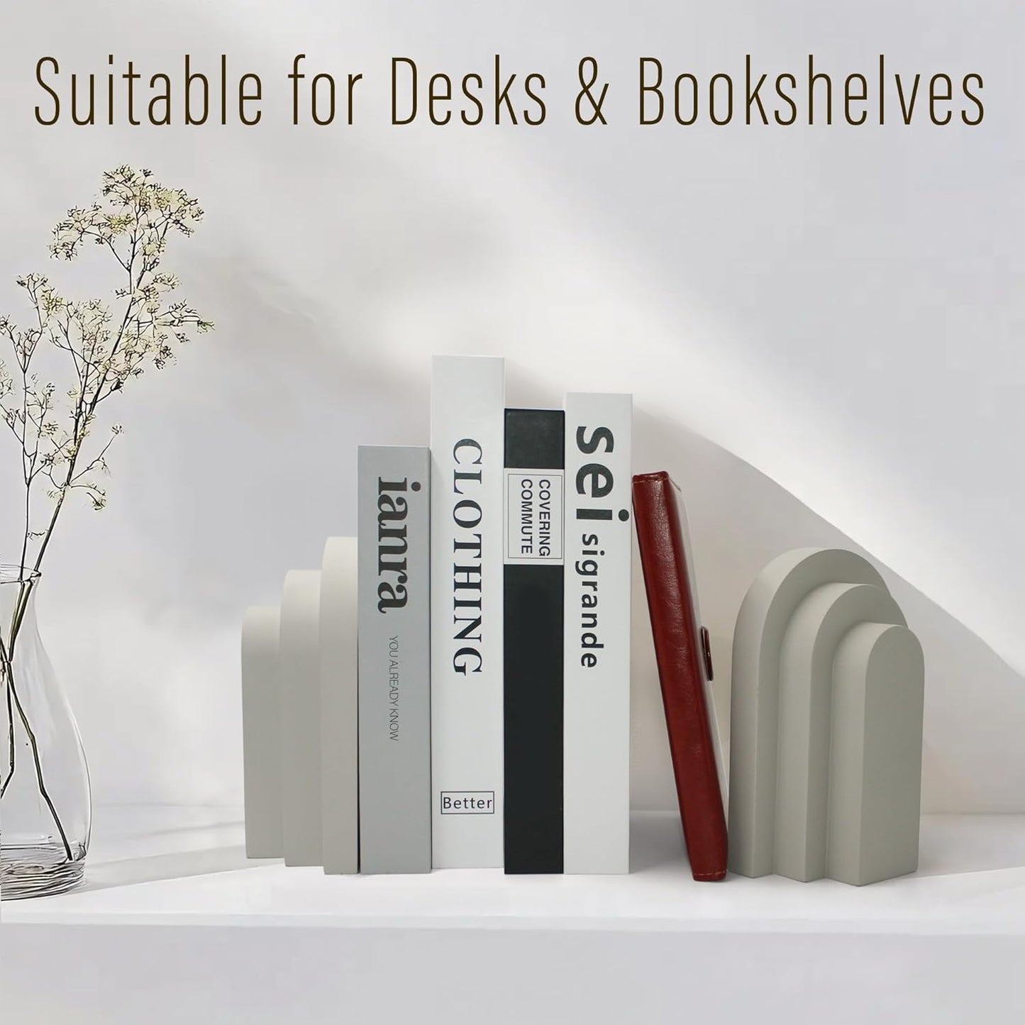 Heavy Duty Book Ends for Shelves, Decorative Bookends for Heavy Books Set of 2, 6.6 LBS Modern Book Stopper for Home Decor, Bookshelf, Aesthetic Bookend with Layered Arch Design, Gray