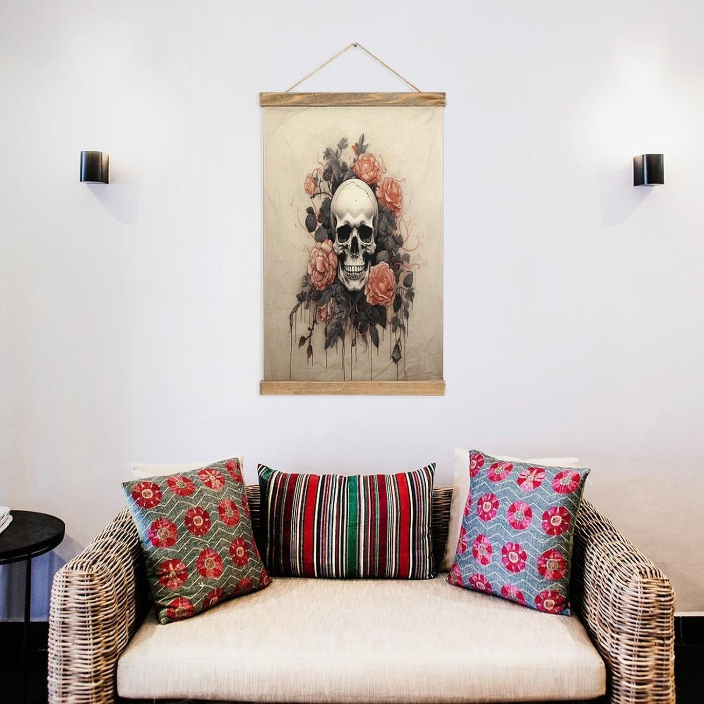 Vintage Ancient Skull And Flowers Poster with Wooden Frame Personalized Linen Hanging Scroll Painting Rustic Wall Hanging Illustrative Modern Artwork Decor for Home Living Room Bedroom Office
