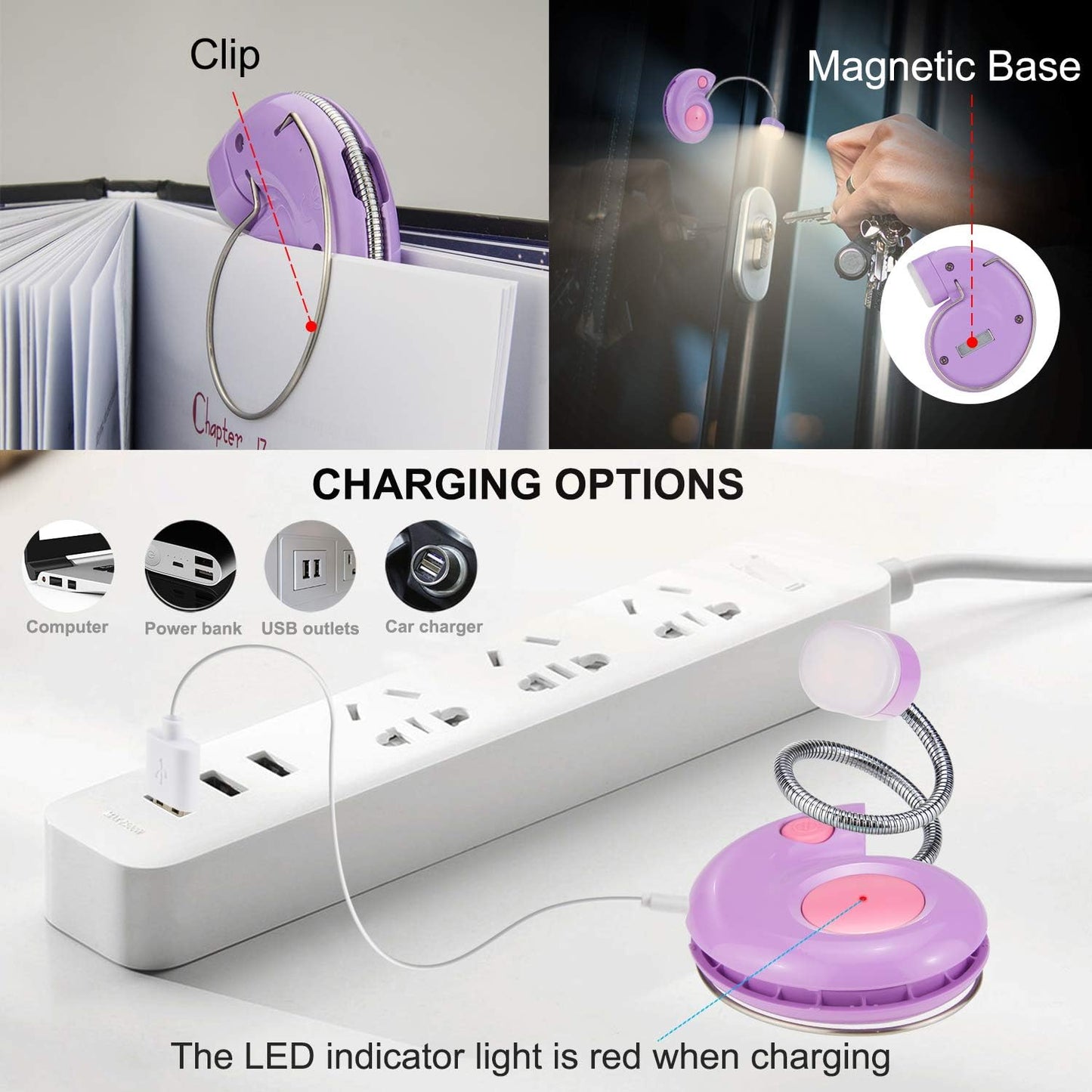 Book Light, LED Reading Light, Reading Lights for Books in Bed, USB Rechargeable Book Reading Light, 3 Brightness Dimmable Book Light for Kids Bookworms Travel-Violet