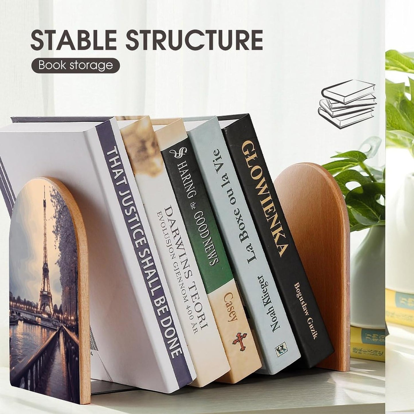 Eiffel Tower Winter Rainy Bookend for Shelves Wooden Book End Large Size Sturdy Book Holders Stoppers with Metal Base for Bookshelves Slick Decorative Bookends Stands