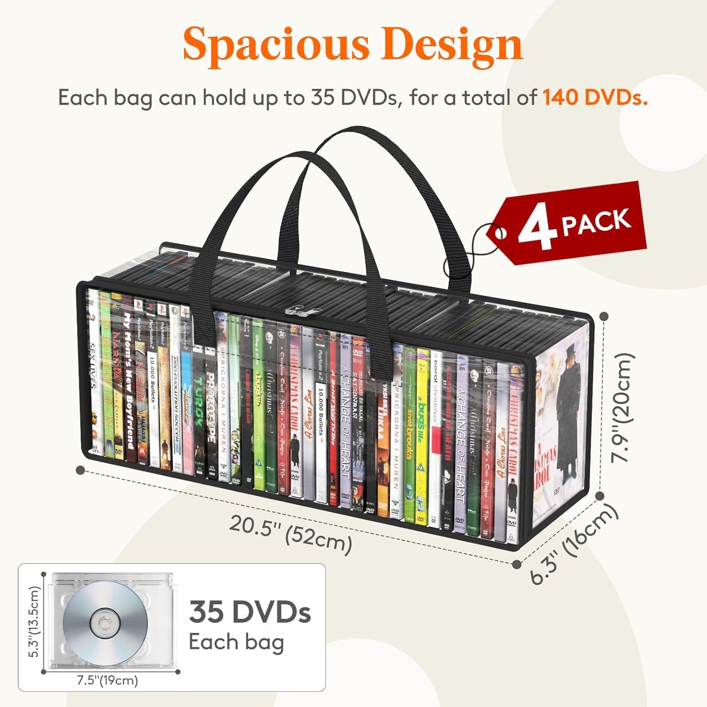 Lifewit DVD Storage Bags, Clear PVC DVD Case Holder with Handles, Front Window Zipper Design, Stackable Media Organizer for Blu Ray Disc, Movie Cases, VHS Box, Hold 140 Pcs DVDs (35 Each), 4 Pack