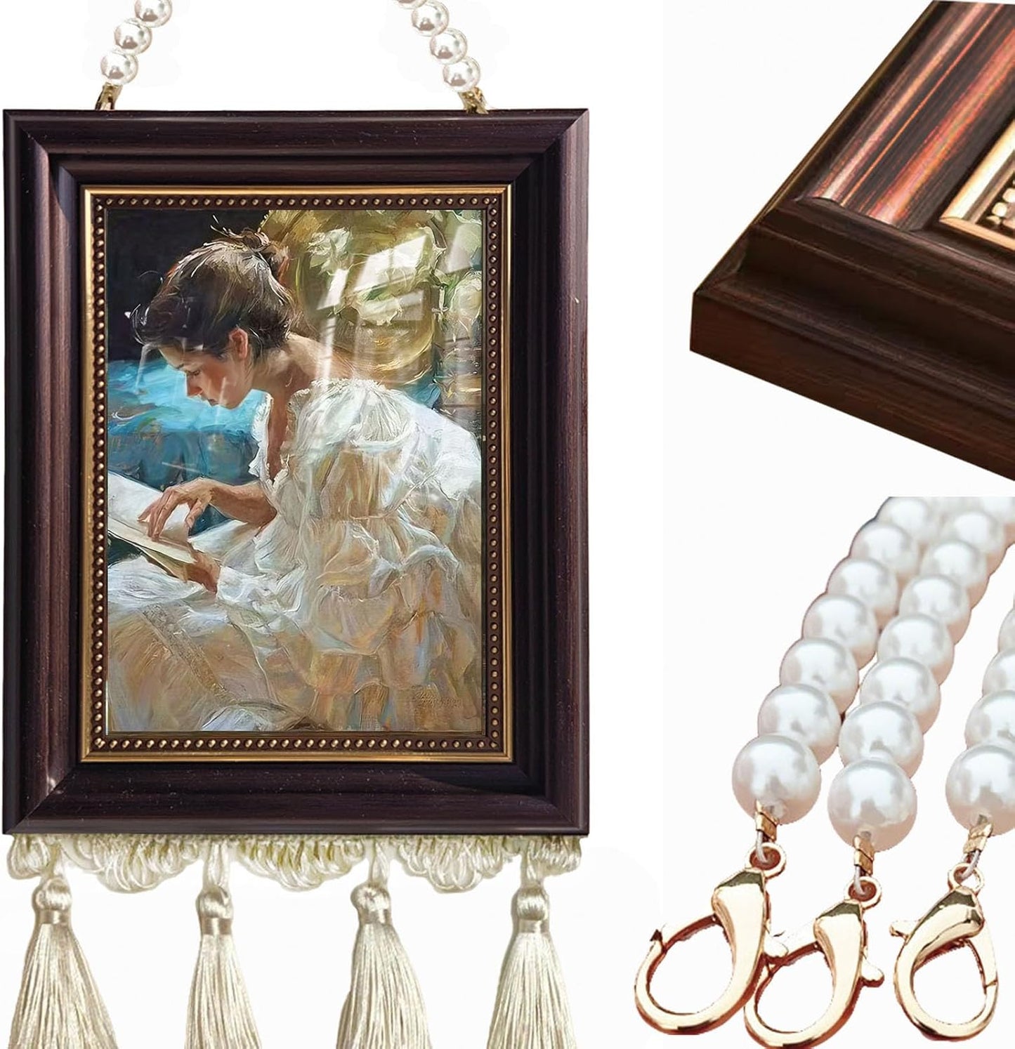 Vintage Framed Wall Art Prints- Classic Impressionist Reading Woman/Girl Painting, Elegant Pearl Chain & Tassel Hanging Decor for Bedroom, Living Room, Bathroom, Farmhouse & Boho Home Decor, 7x18 Inch
