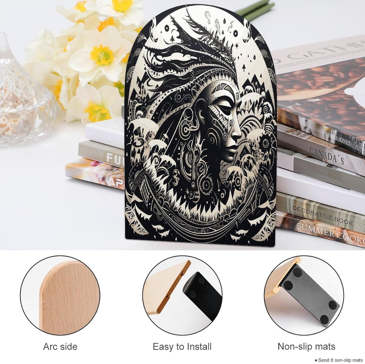 White and Black Tribal Illustration Wooden Bookend Non-Slip Book Ends Heavy Duty Book Stopper with Metal Base Books Holderd Decorative Bookends Stands Firmly for Office Supplies