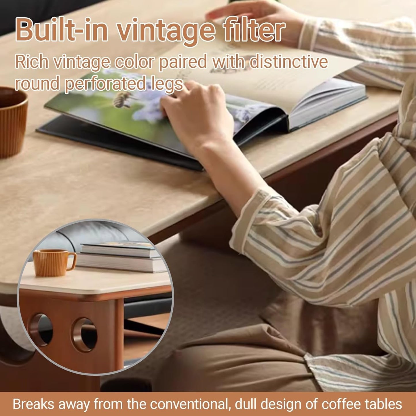 Modern rectangular Abstract Coffee Table Vintage-style solid wood Accent Low table with Slate tabletop Center Marble Living Room Table legs with creative round holes(100*50*40cm/39.4*19.7*15.7in)