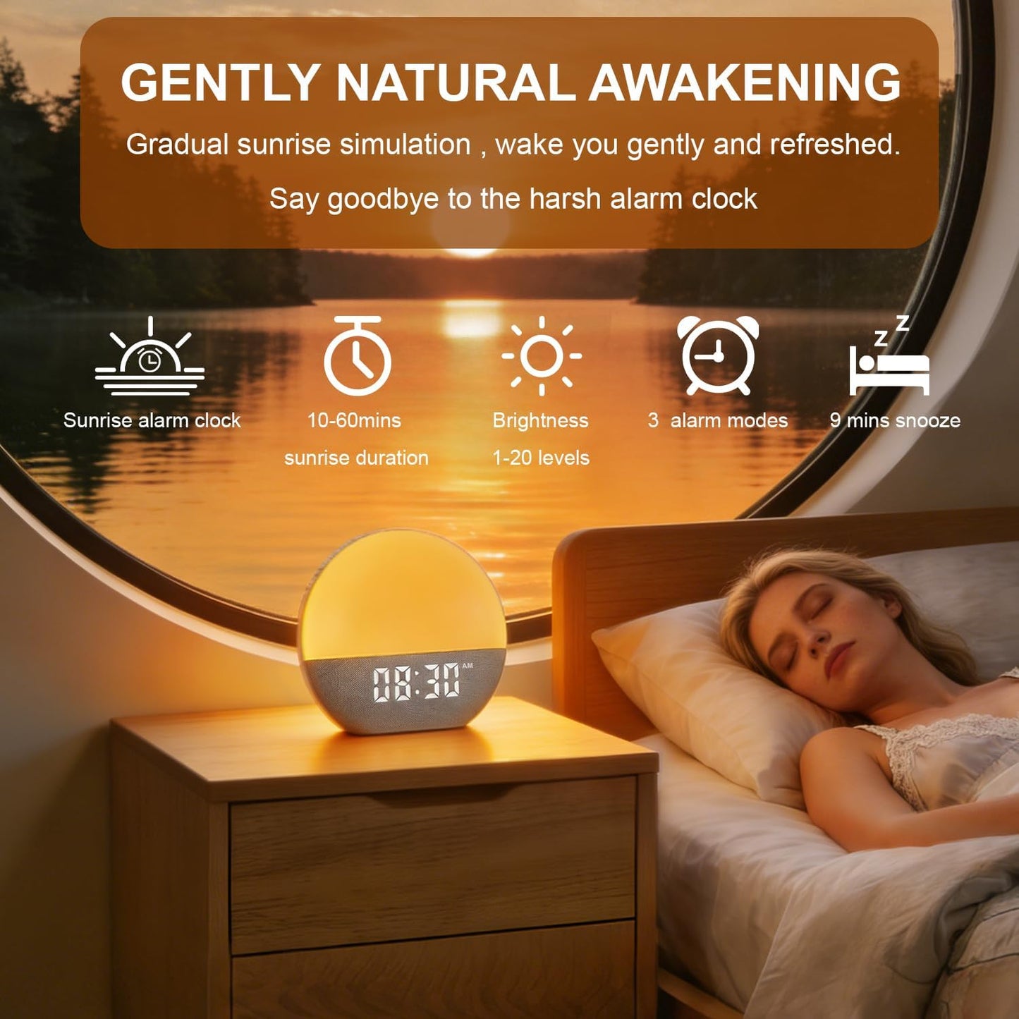winshine Sunrise Alarm Clock with White Noise Sound Machine for Bedrooms,Sleep Sound Machine for Heavy Sleepers, with Wake Up Light,24 Sounds, FM Radio, Bluetooth Speaker, Night Light Clock for Adults