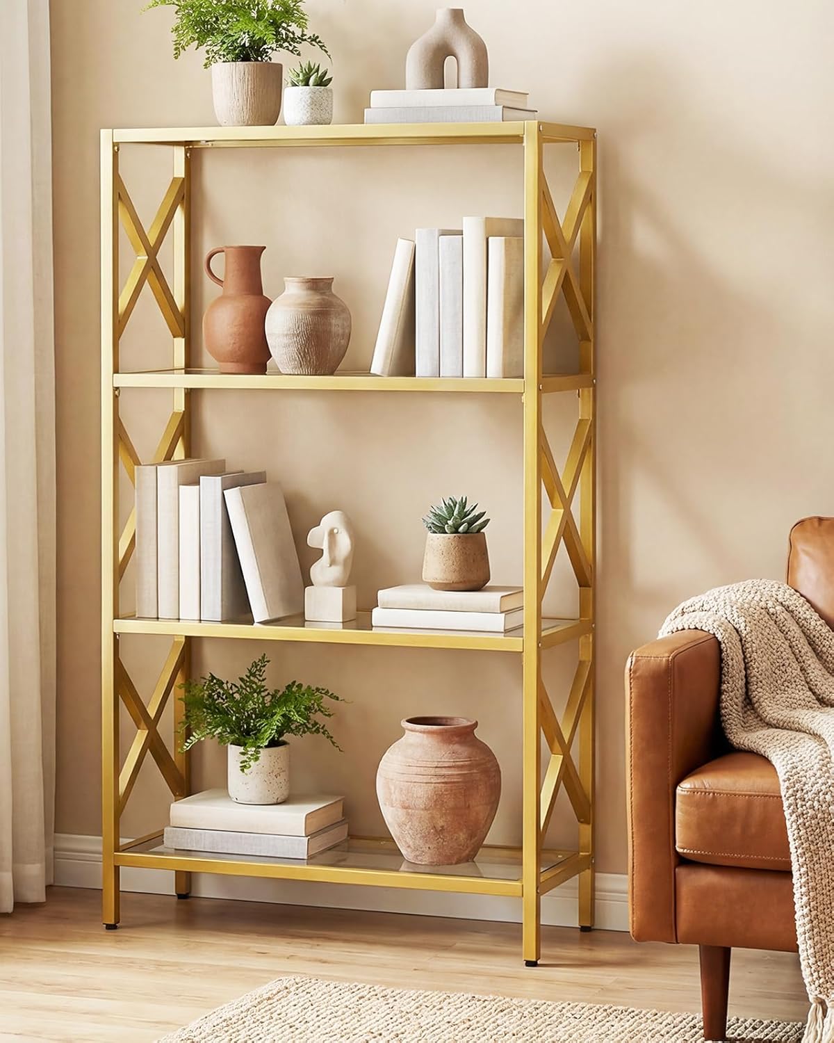Homieasy 4 Tier Gold Bookshelf with LED Lights, Tempered Glass Display Shelf with Metal Frame, Modern Bookcase with X-Side Guards, Luxury Storage for Living Room, Bedroom & Office