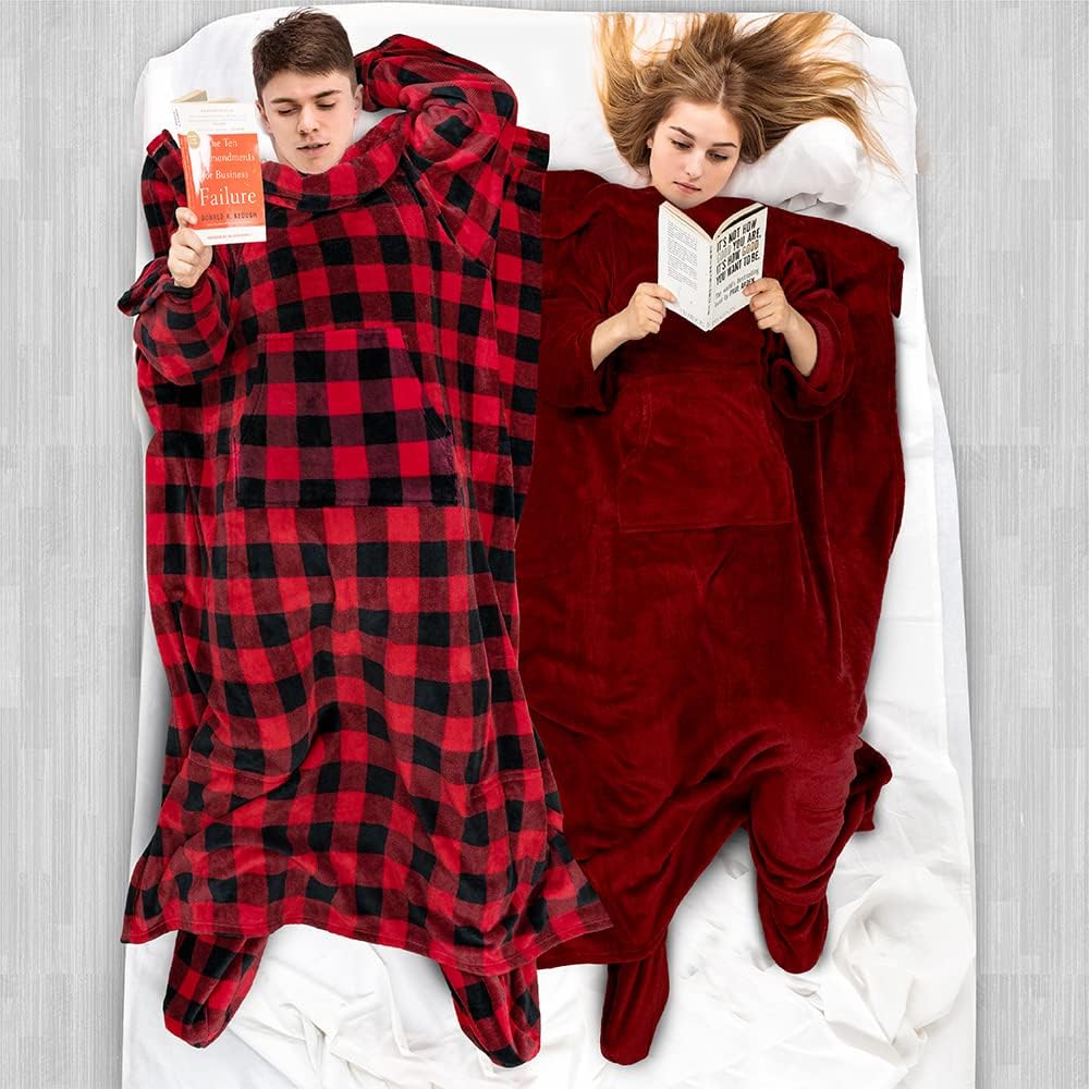 PAVILIA Fleece Blanket with Sleeves, Foot Pockets for Women Men Adults, Plush Wearable Blanket Throw Wrap, Warm Snuggle Blanket Robe, Cozy Gift Ideas Wife Mom, Burgundy Red