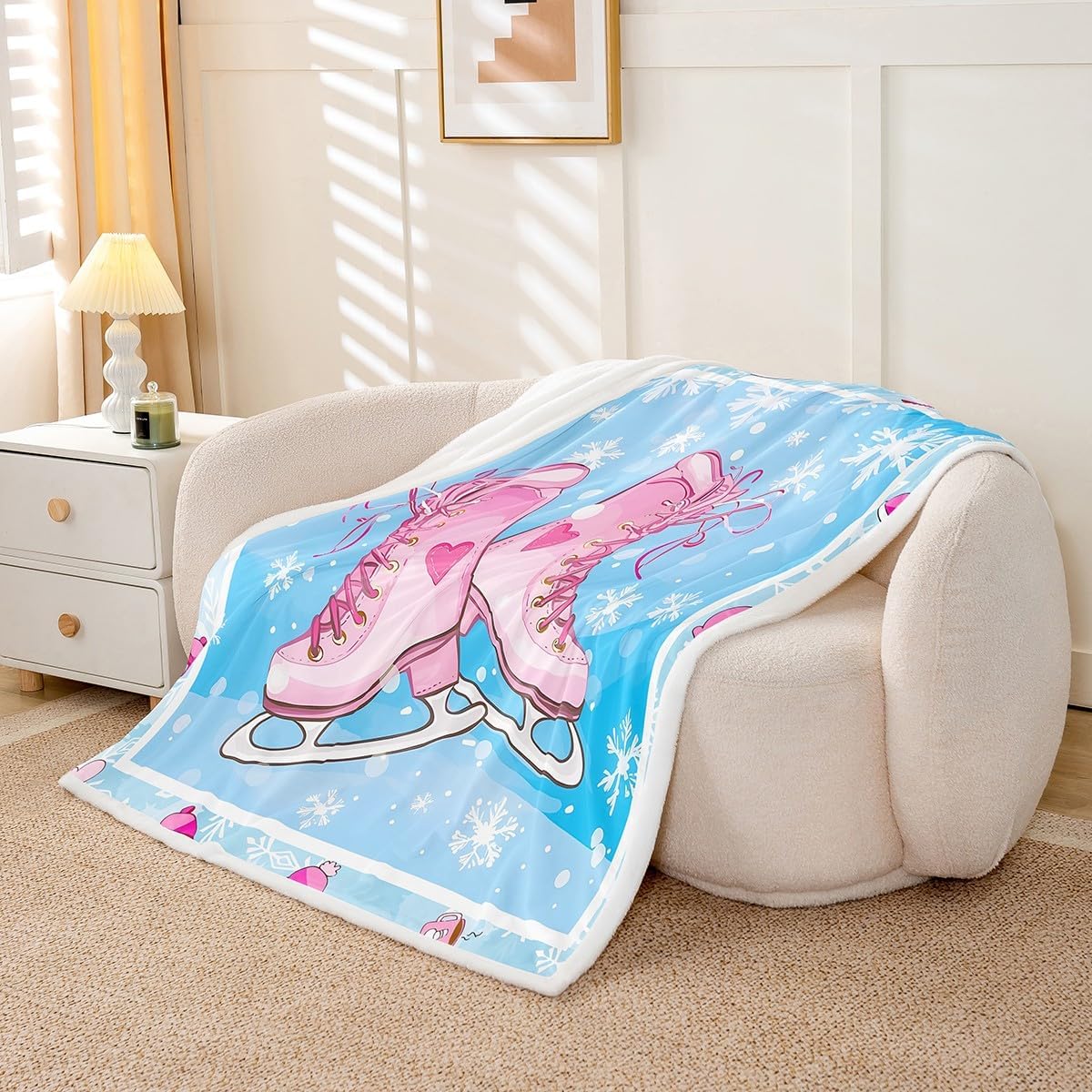 Ice Skate Throw Blanket,Winter Skating Sports Outdoor Games Fuzzy Blanket,Winter Snowflake Romantic Fleece Throws for Bed Couch Sofa,Pink Blue Soft and Breathable,Throw Size (50 x 60 Inches)
