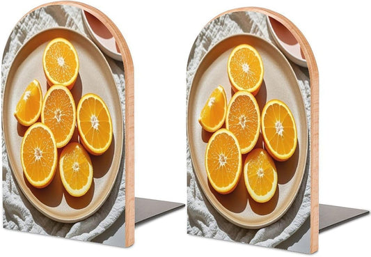 Orange Slices Bookends 1 Pair Heavy Duty Book Ends for Shelves Non-Skid Bookend Supports Wooden Book Holders with Metal Base Desk Organizers Books Storage to Hold Books