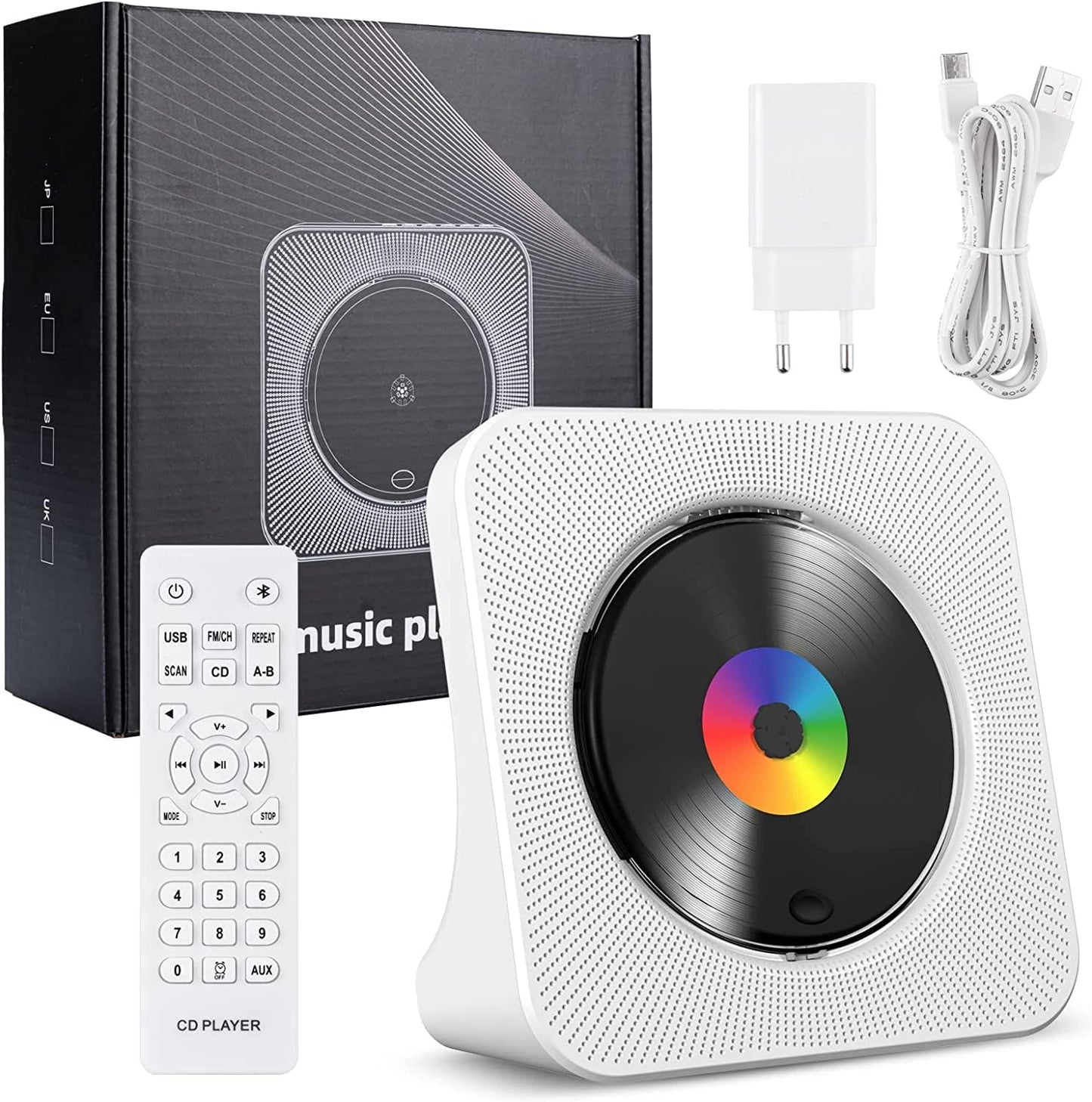 Gueray CD Player Portable Bluetooth Desktop CD Player for Home with Timer Built-in HiFi Speakers with LCD Screen Display Boombox FM Radio USB Type-c (White)