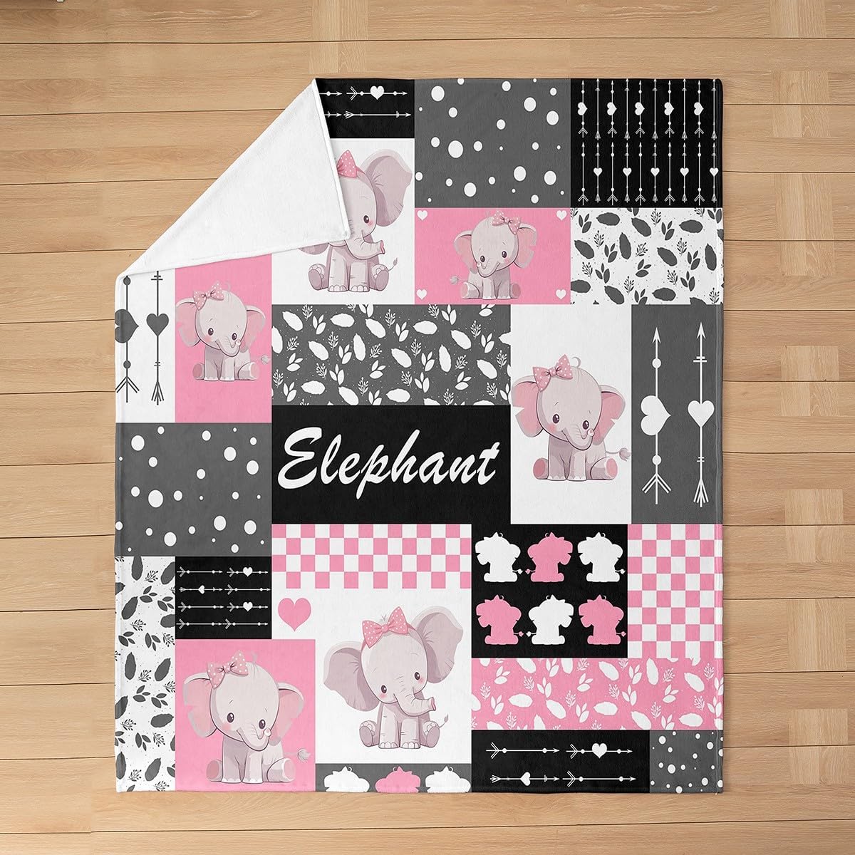 Cute Elephant Flannel Fleece Blanket,Lovely Animal Pink Bowknots Cartoon Soft Blanket for Bed Sofa Couch,Pink Gray Black Plaids Grids Patchwork Bed Blanket for Bedroom Decor,Twin 60"x80"