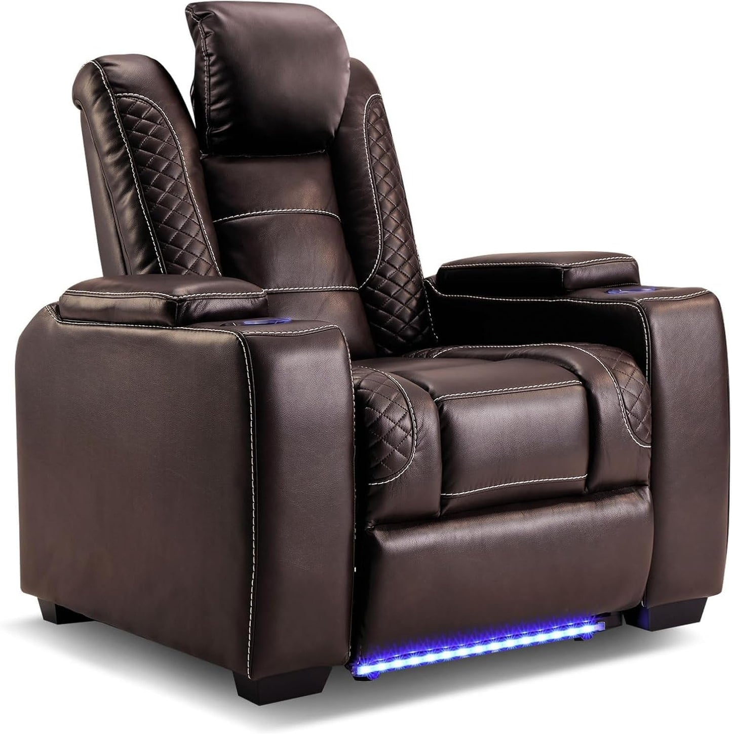 Power Home Theater Seating, PU Leather Electric Recliner Chair with Powered Headrest, Dual Motor Reclining Sofa with LED Lights, USB Port & Arm Storage, Brown
