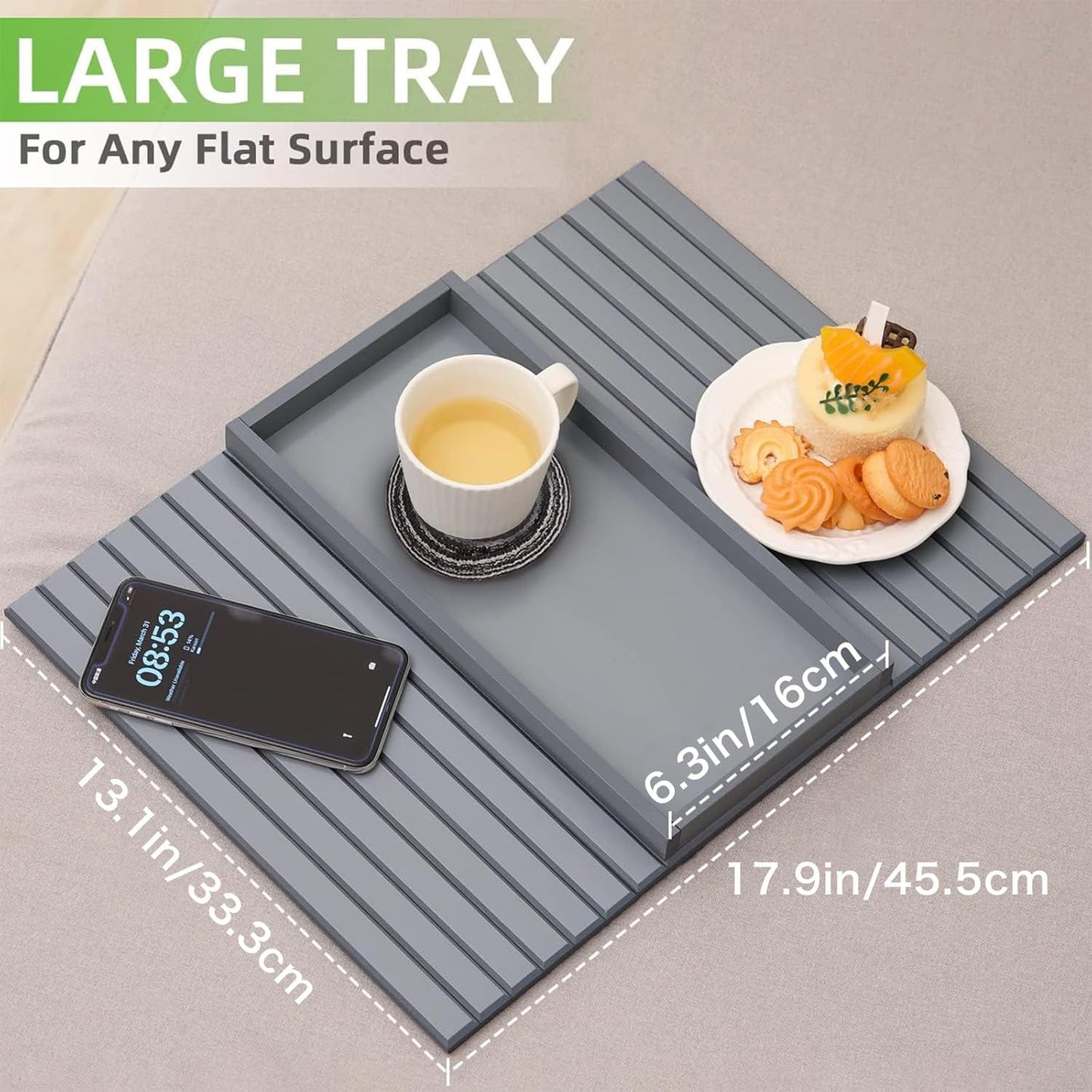 LESSF Couch Armrest Table, Bamboo Couch Arm Tray Sofa Arm Trays with Cup Mats, Anti-Slip Arm Chair Table Trays Sofa Side Table Sofas Arms Tables for Remote Control, Drinks, Phone, Cups (Grey)