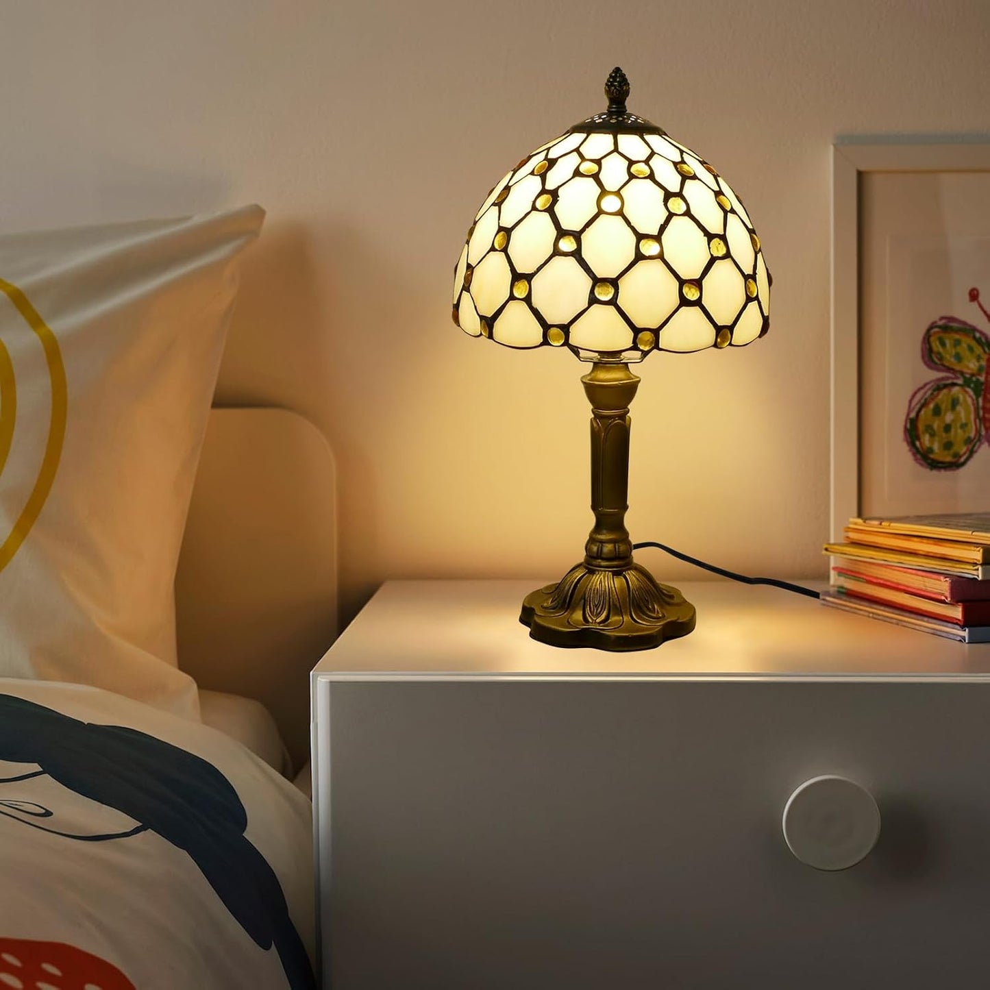Tiffany Style Table Lamp Beige Beads Vintage Bedside Table Light Desk Lamps Accent Small Lamp 14" Tall 8" Wide Reading Lamp with Color Changing LED Bulb