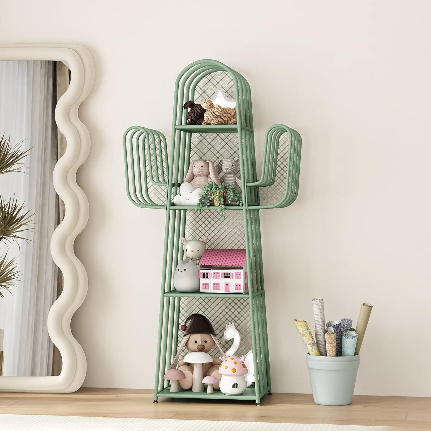 DOORXIF 4-Tier Ladder Green Bookshelves Freestanding, Cactus Bookcase Storage Organizer Closet Corner Metal Display Cabinet, Corner Bookshelf for Small Spaces, Green Bookcase for Bedroom Office