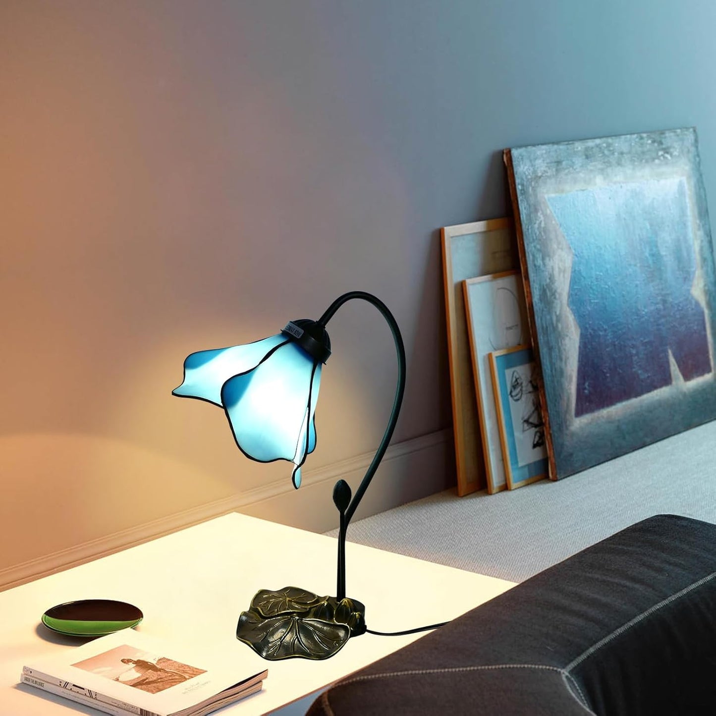 Tiffany Table Lamp Blue Lotus Stained Glass Lamp 8" Wide 14" Tall Bedside Table Light Desk Lamps Vintage Reading Lamp with Color Changing LED Bulb