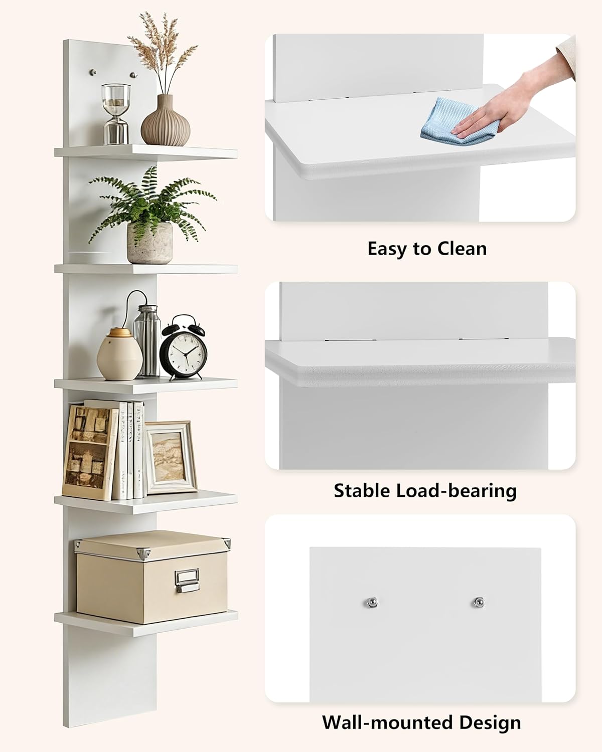 Ladder Shelf, 5-Tier Wall Mounted Bookshelf, Modern Simple Storage Rack,Easy to Install, for Living Room, Bedroom & Study, White