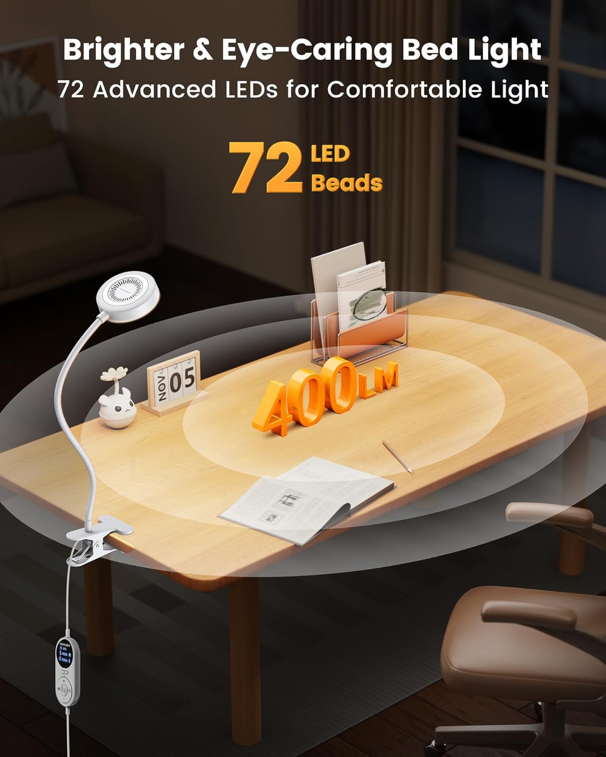 Glocusent Clip on Light, 72 LEDs Clip on Lamp with Amber Night Light, 3 Colors & 5 Brightness Bed Lamp, 30/60-Min Auto Off Timer, Perfect Eye Caring Reading Lamps for Bed/Headboard/Table/Desk