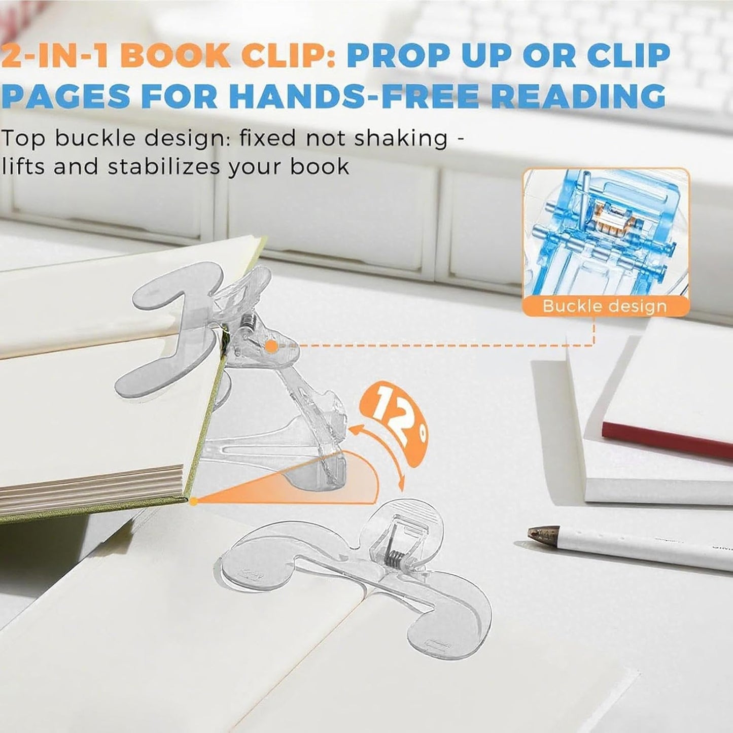 Portable Book Page Holder 12°, Page Opening Clips and Clamp Stand for Students, Teachers, Readers, Perfect for Study, Office, Kitchen, School, Home, Cookbooks, and Textbook Use