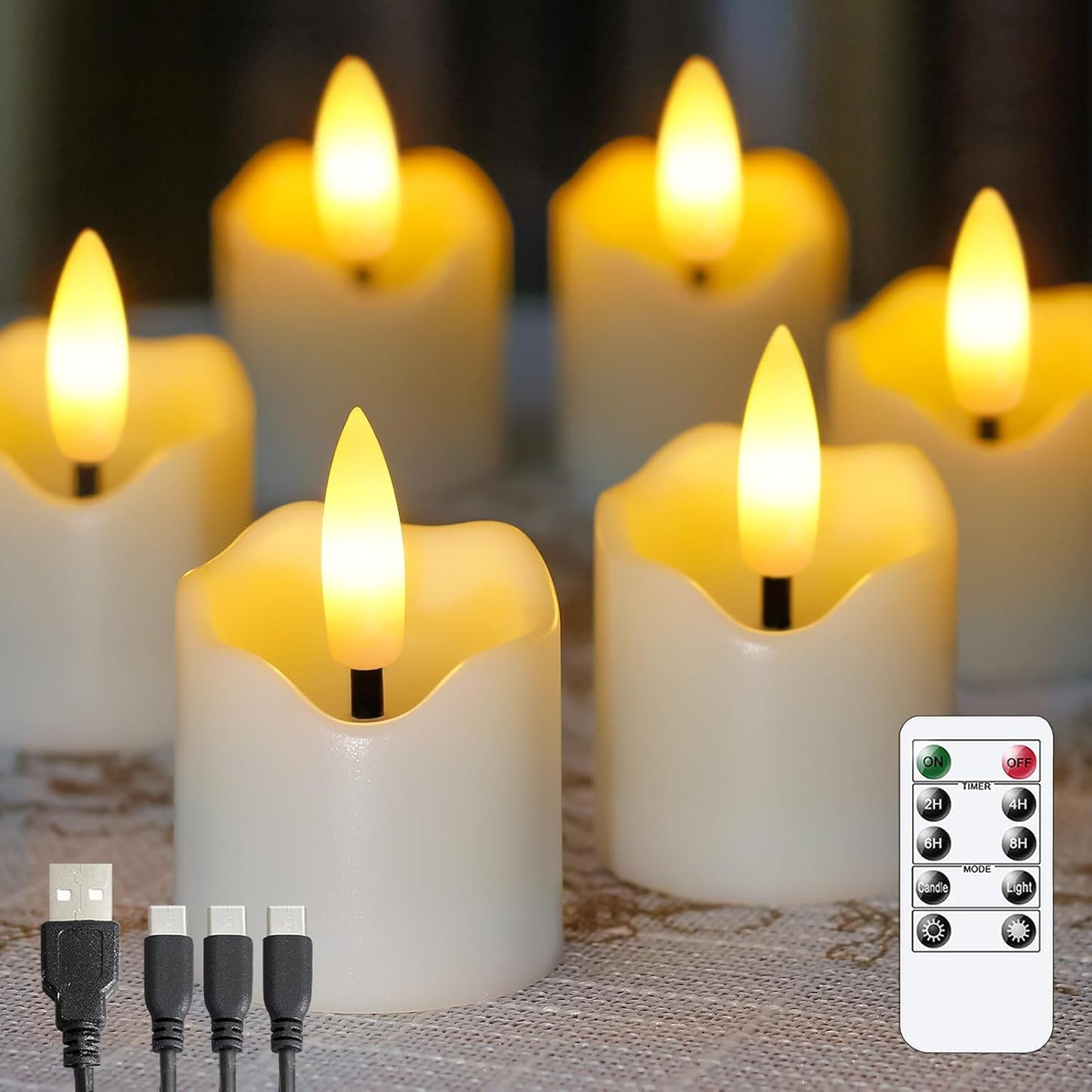 Rechargeable Flameless LED Remote 1.6" x2.3" Tea Light Candles, Flickering Fake Plastic Ivory Cycle Timer 6 Pack Small Mini Votive Tealight Candles with Charging Cable
