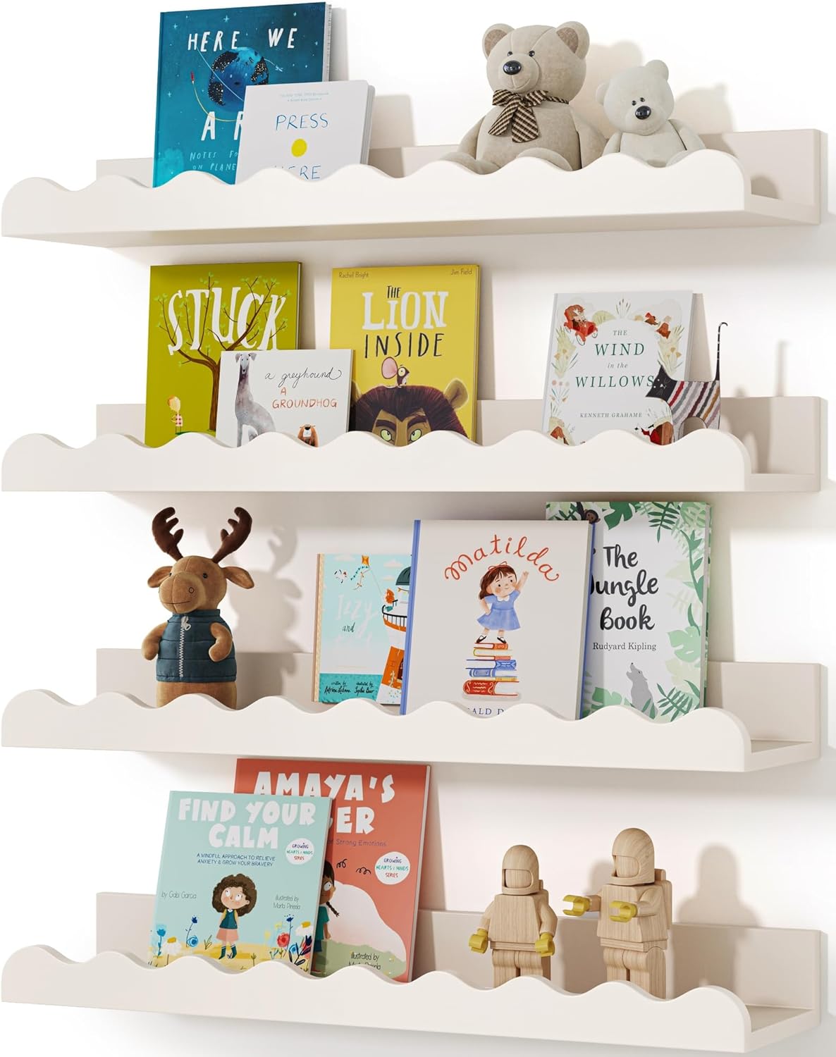 Kids' Bookshelf Set of 4 - White Floating Nursery Book Shelves, Picture Ledge Shelf for Wall Decor and Storage - Perfect for Books, Toys, Photo Frames, and Nursery Décor