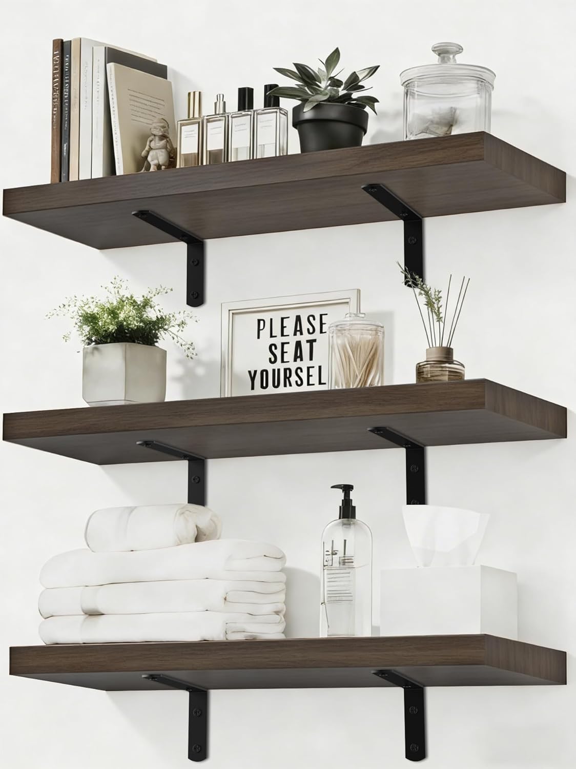 LifetimeWarranty Wall Shelves With Brackets, NOT Floating Easy Install 15.7Inch Solid Wood Shelf 3PCS,Picture Ledge Display Shelf for Living Room Bedroom Kitchen,House Decor Shelf for Book Plant Frame